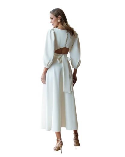 Elegant Women's Midi Dress with Open Back and Puff Sleeves