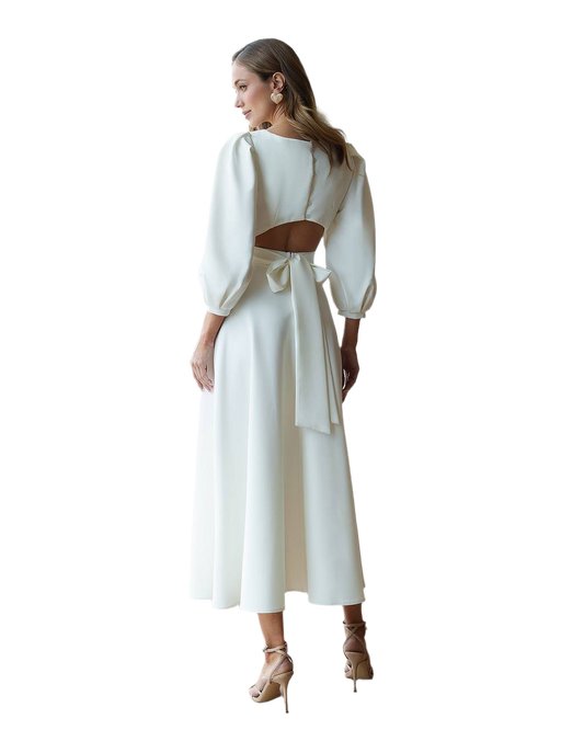 Elegant Women's Midi Dress with Open Back and Puff Sleeves