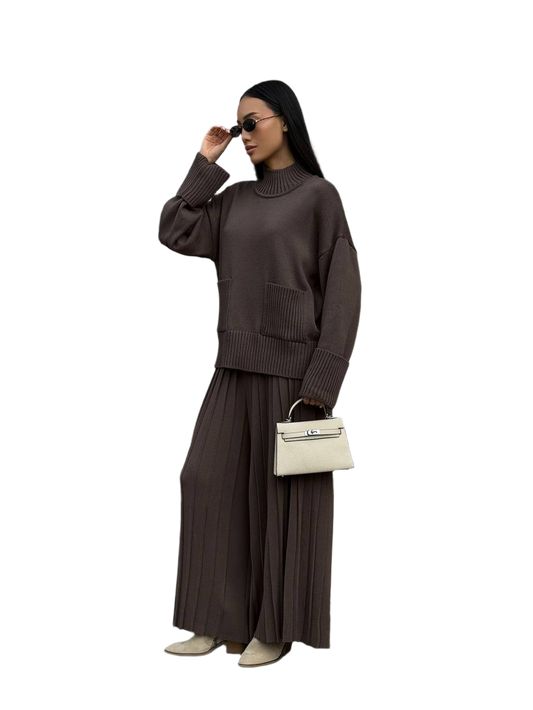 Womens Sweater and Cropped Culotte Pants Suit Brown Comfy Knit Set