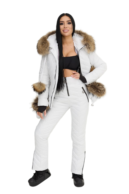 Womens White Winter Warm Ski Suit with Siliconized Fiber and Natural Raccoon Fur