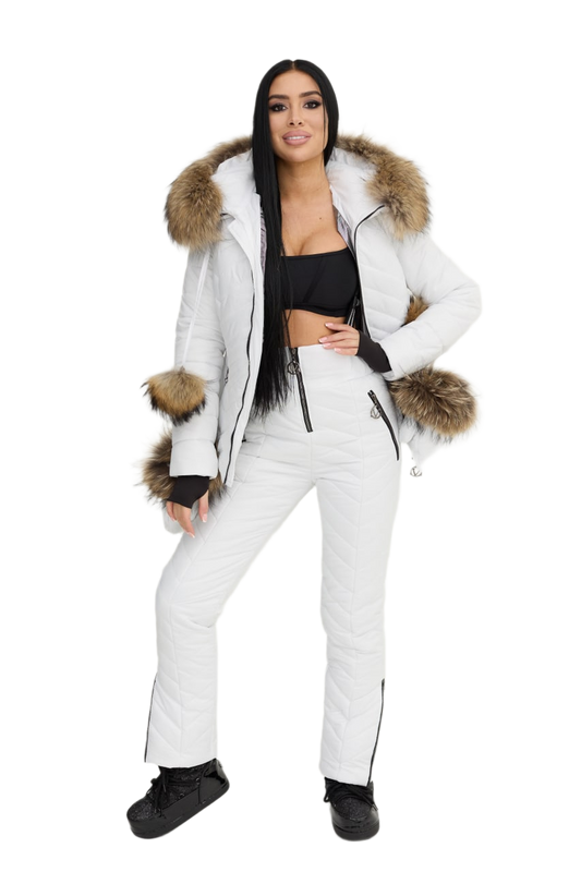 Womens White Winter Warm Ski Suit with Siliconized Fiber and Natural Raccoon Fur