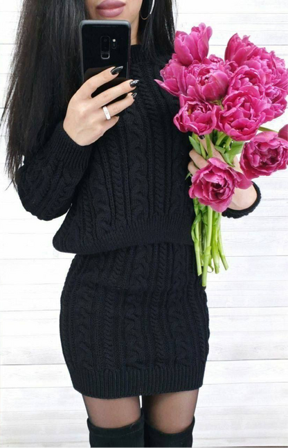 Womens Knitted Two-Piece Costume Black Wool Acrylic Sweater and Skirt Set