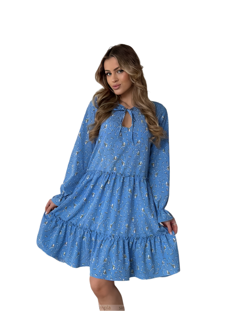 Blue Loose Fit Dress with Pockets and Tie Neck