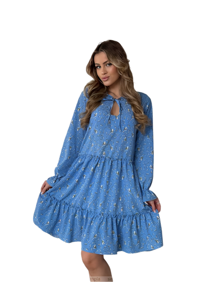 Blue Loose Fit Dress with Pockets and Tie Neck