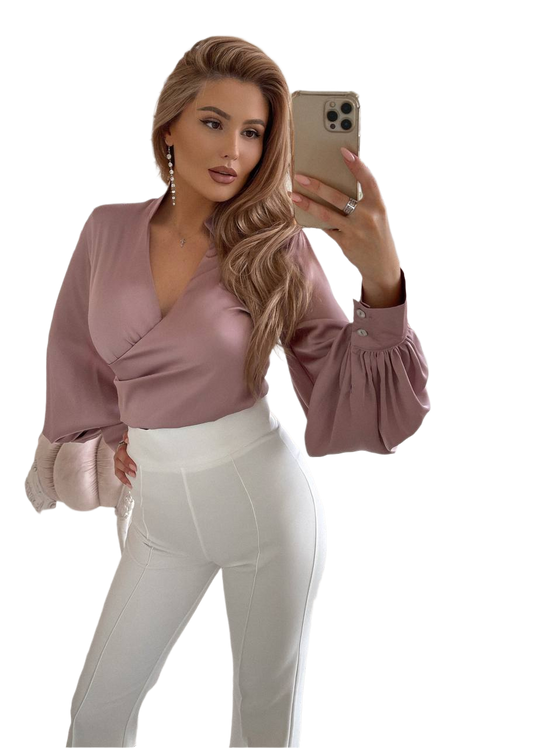 Elegant Women Blouse Pink Long Puff Sleeve Silk Top