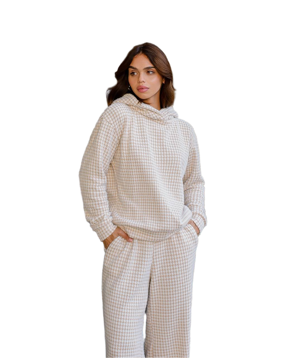 Womens Dense Knit Houndstooth Pattern Suit Imitation Rabbit Fur Beige