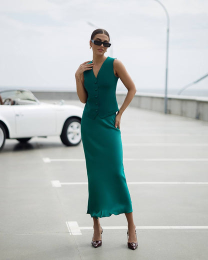 Womens Premium Diagonal Suit Crepe Vest in Green