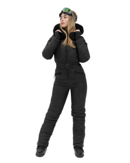 Womens Insulated Ski Jumpsuit with Natural Black Fox Fur Hood Trim