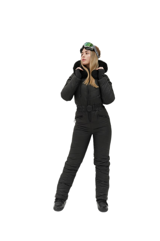 Womens Insulated Ski Jumpsuit with Natural Black Fox Fur Hood Trim
