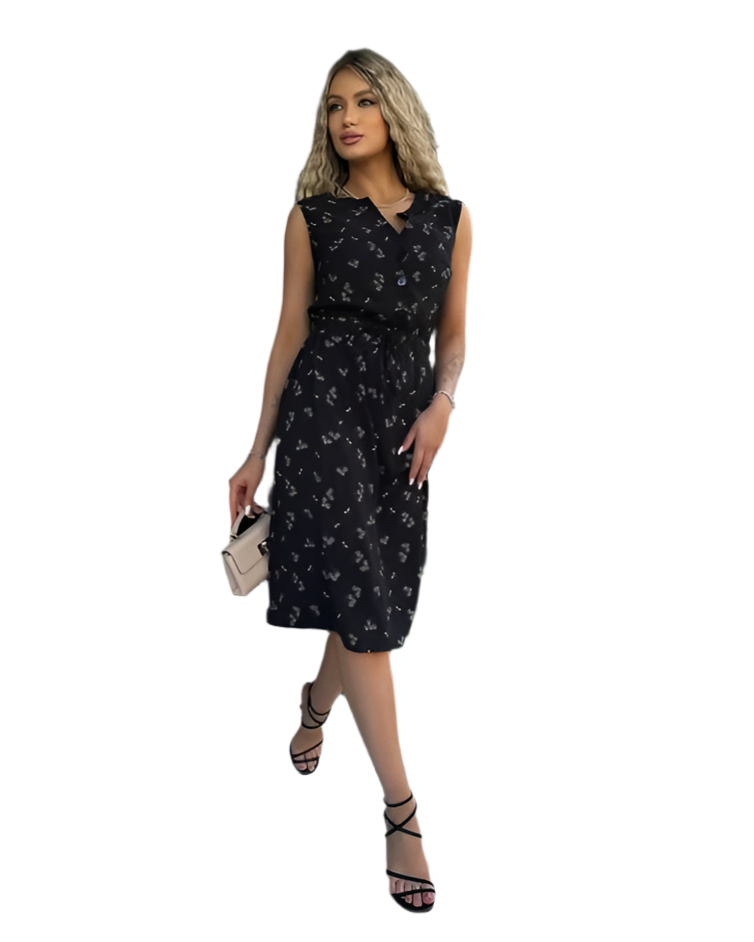 Sleeveless Black Knee-Length Dress with Soft Waist Elastic