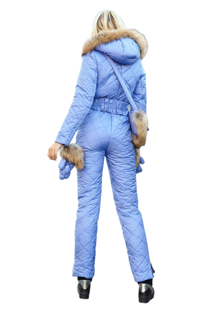 Blue winter jumpsuit with fur trim on a white background
