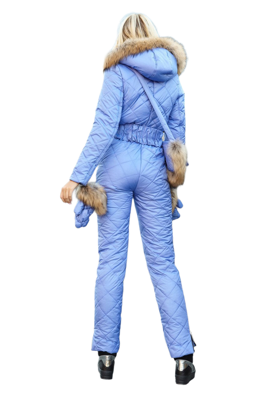 Winter Women's Quilted Ski Jumpsuit with Natural Raccoon Fur and Siliconized Insulation