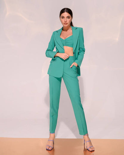 3 Pieces Women Prom Bridal Wedding Cocktail Suit Set Pantsuit Trousers Jacket Pants Top Bra Raspberry Green