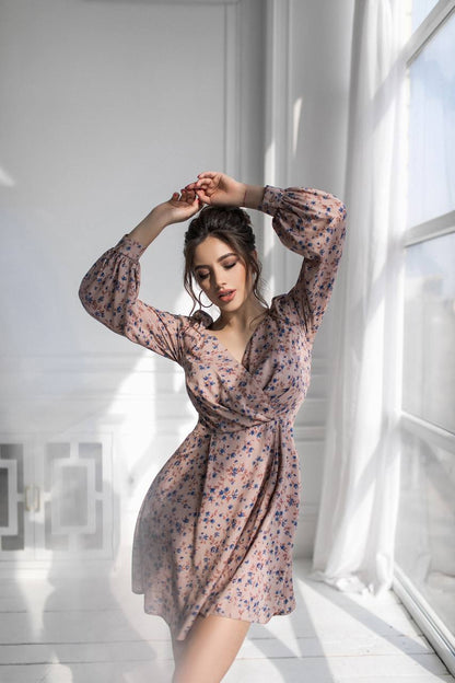Staple Floral Print Dress for Women in Beige and Blue