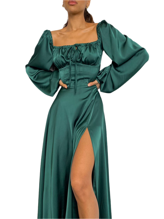Elegant Green Satin Long Sleeve Maxi Dress with Slit