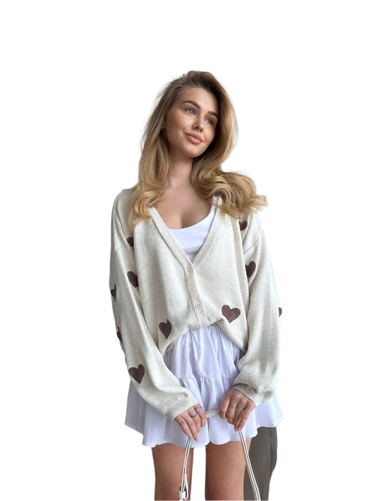 Womens Heart Embroidered Cardigan Light Knit Sweater