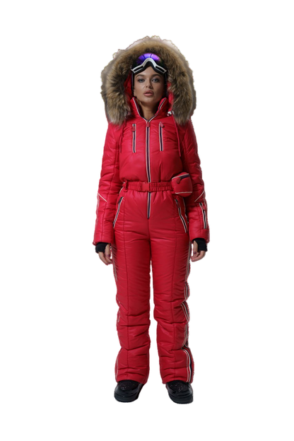 Womens Winter Ski Jumpsuit Red Luxury Fox Fur Hood Water Repellent Insulated