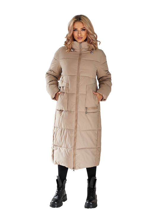 Womens Long Hooded Puffer Jacket Beige Thinsulate Insulated Winter