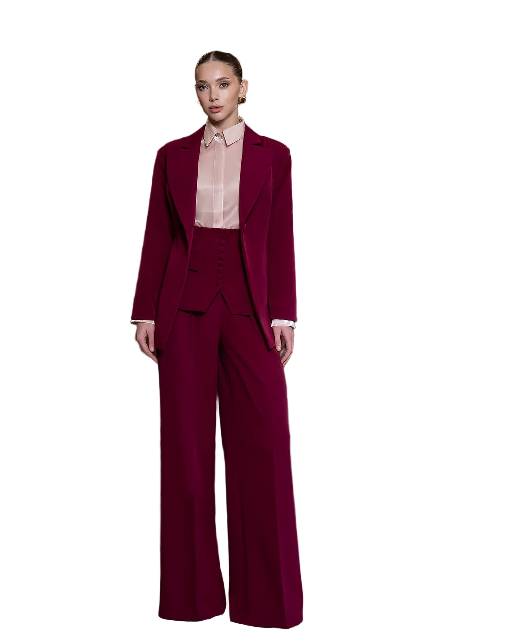 Burgundy Diagonal Crepe Womens Suit Blazer Pants Basque Premium Lined Tailored