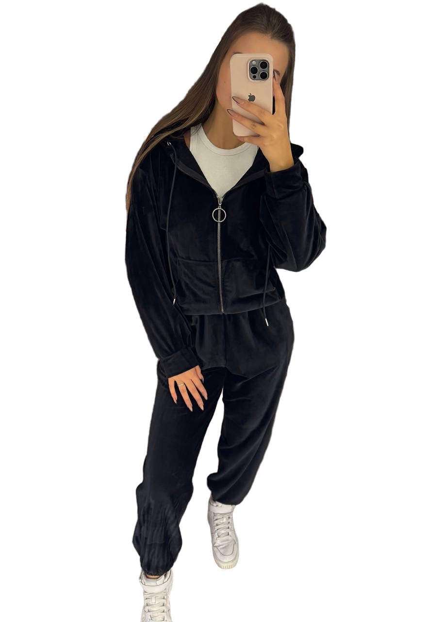 Black Velour Tracksuit Fur Lined Oversized Zip Hoodie and Joggers