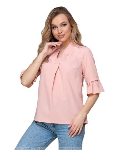 Casual Pink V Neck Soft Turkish Fabric Blouse with 3/4 Ruffle Sleeves