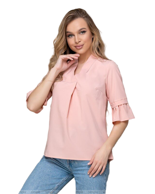 Casual Pink V Neck Soft Turkish Fabric Blouse with 3/4 Ruffle Sleeves