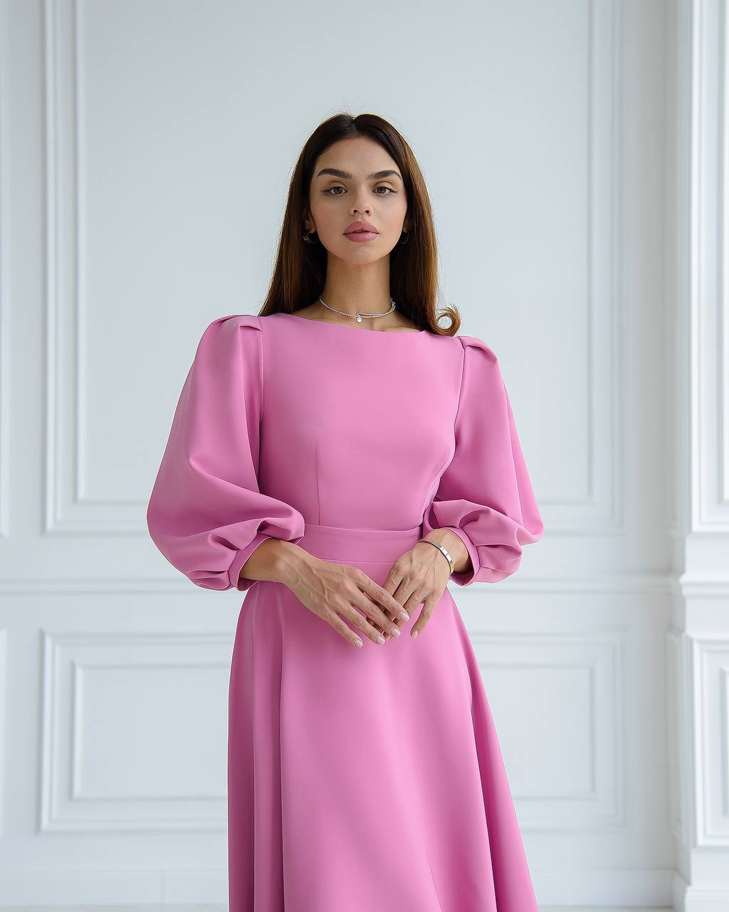 Elegant Midi Dress in Premium Diagonal Suiting Crepe with Puff Sleeves and Back Cutout