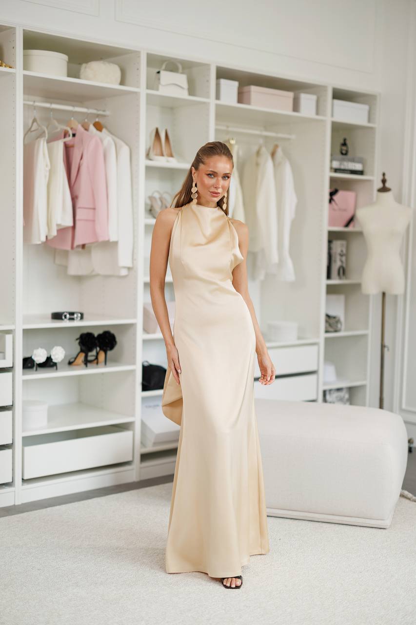 Woman in a long beige dress standing in a stylishly organized room with shelves and decor.