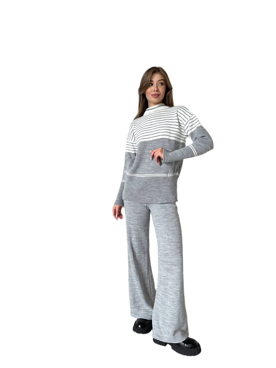 Fine Knit Women Sweater and Skirt Set Grey and White Striped