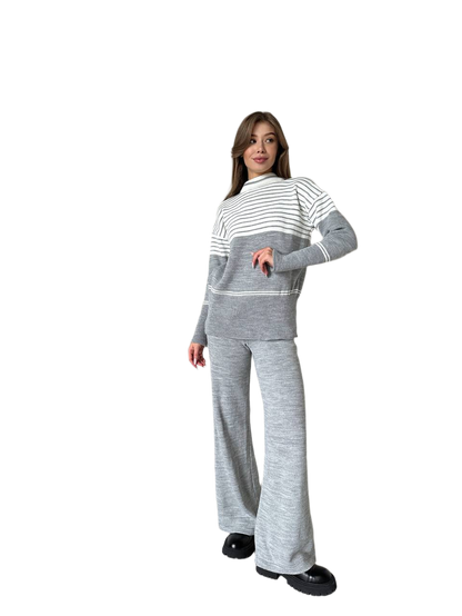 Fine Knit Women Sweater and Skirt Set Grey and White Striped
