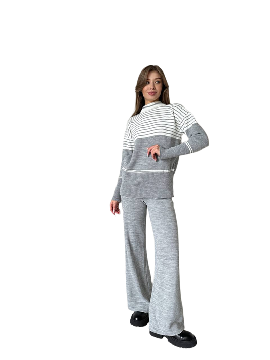 Fine Knit Women Sweater and Skirt Set Grey and White Striped