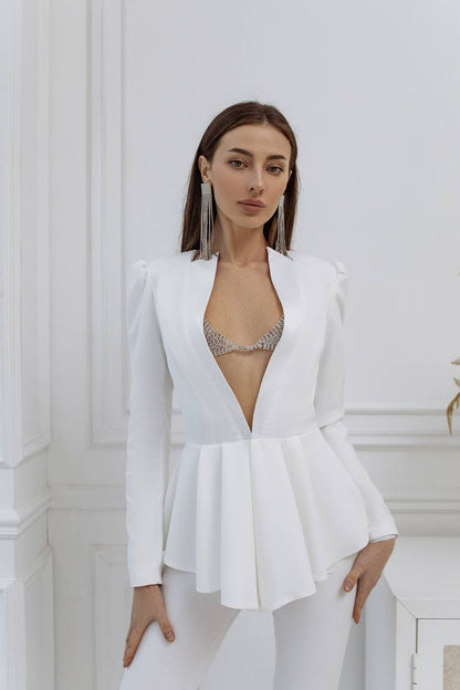 White Women Wedding Suit Bridal Elegant Cocktail Graduation Pantsuit Peplum Jacket High Waist Palazzo Pants