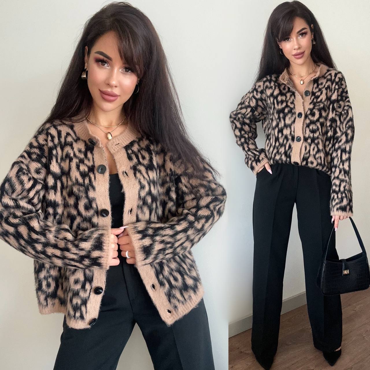 Woman wearing a leopard print cardigan with black pants and a handbag indoors.