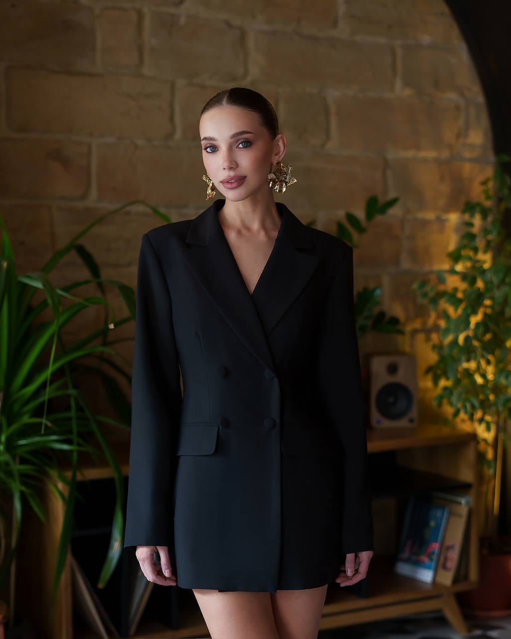 Womens Black Blazer Dress Double Breasted Viscose Lined Suiting Fabric