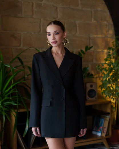 Womens Black Blazer Dress Double Breasted Viscose Lined Suiting Fabric