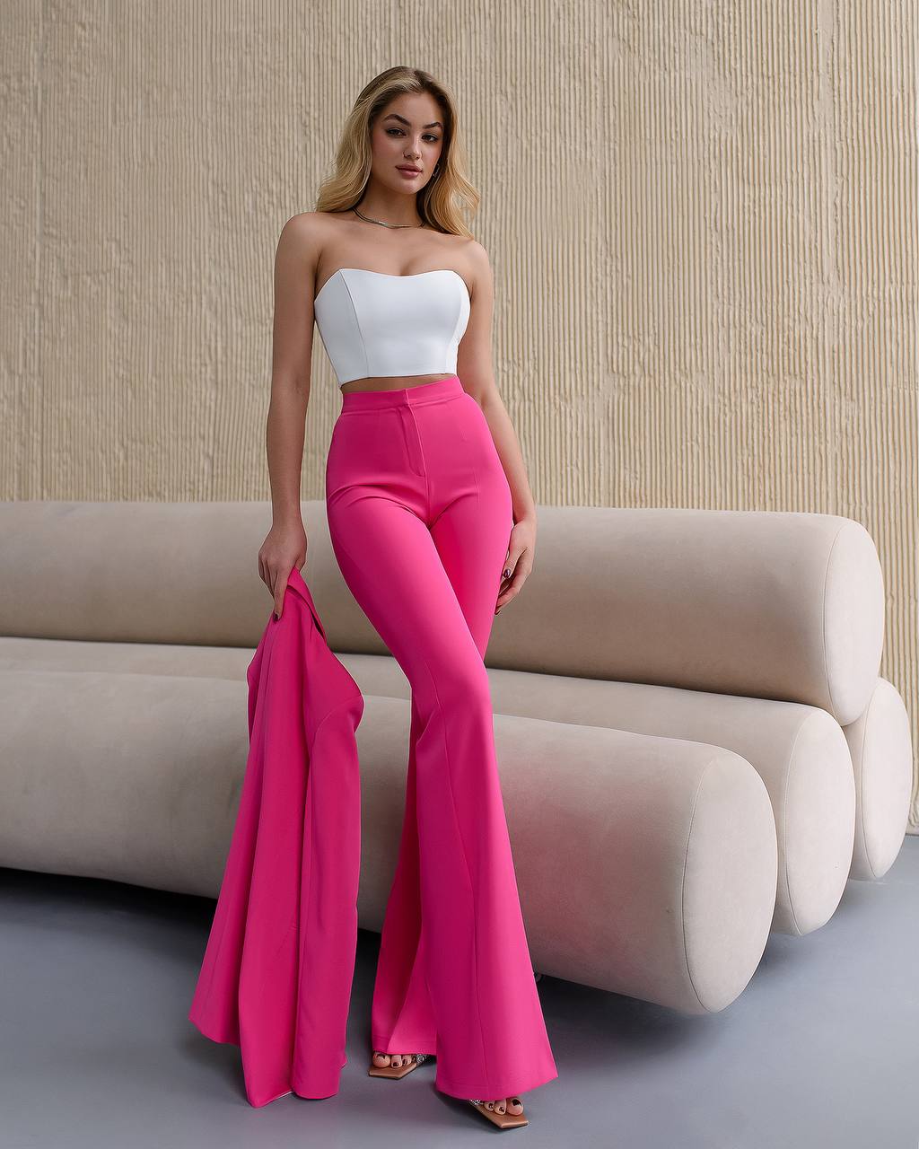 Womens Pink Suit with Lined Blazer and Flared Pants