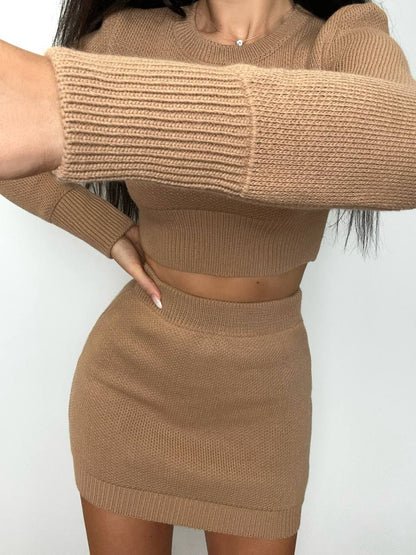 Brown knit two-piece set on a white background