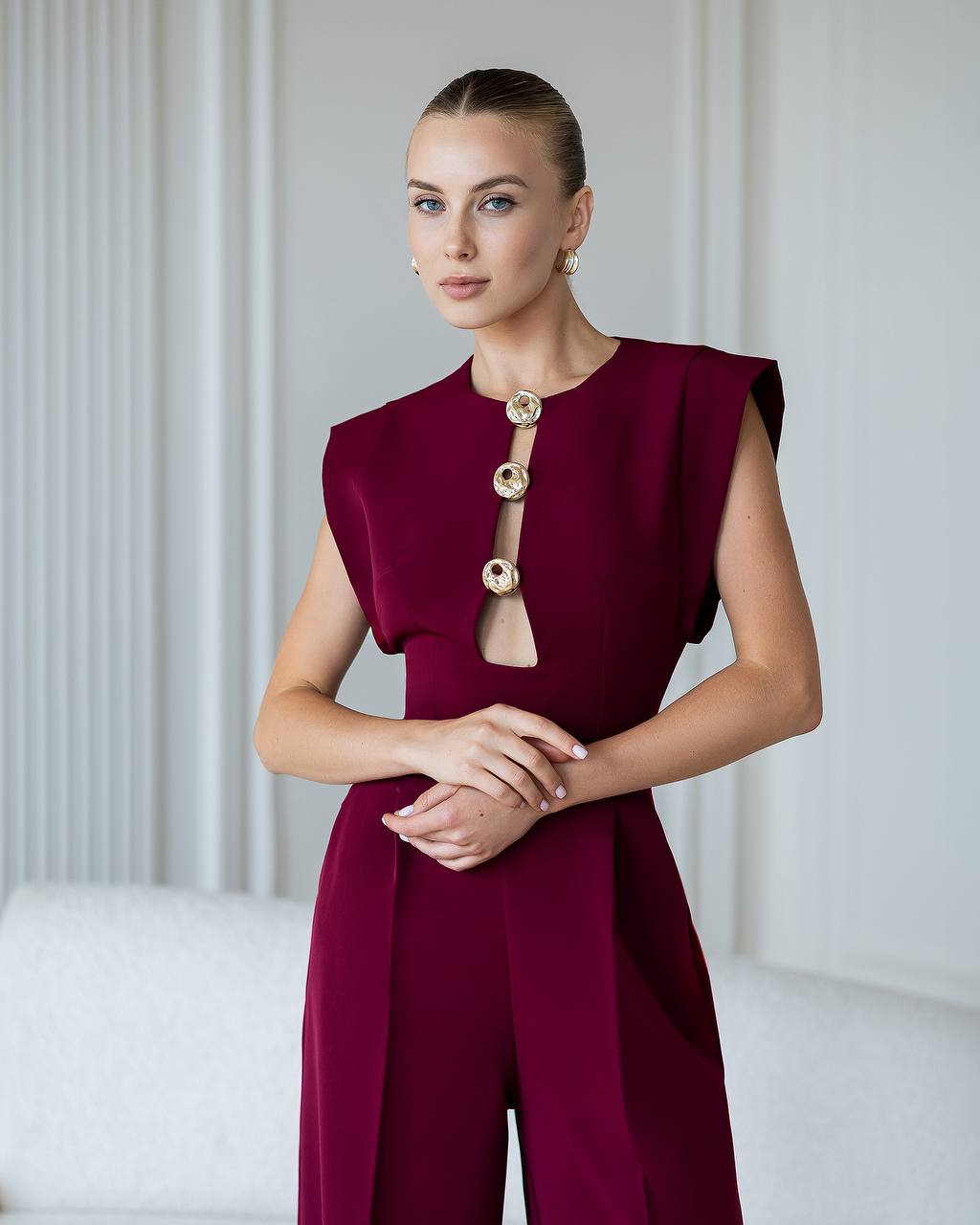 Womens Tailored Wide Leg Jumpsuit with Keyhole Neckline