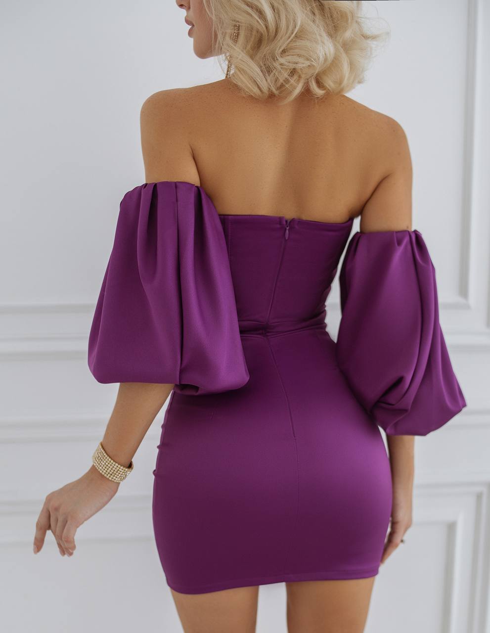 Crystal Amethyst Mango Satin Off Shoulder Mini Dress