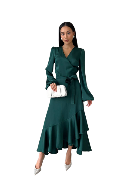 Elegant Satin Long Sleeve Dress with Ruffled Hem and Waist Tie