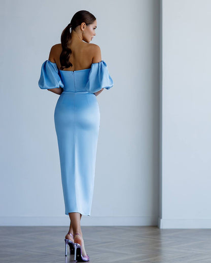 Elegant Royal Satin Midi Dress for Women with Puff Sleeves in Sky Blue