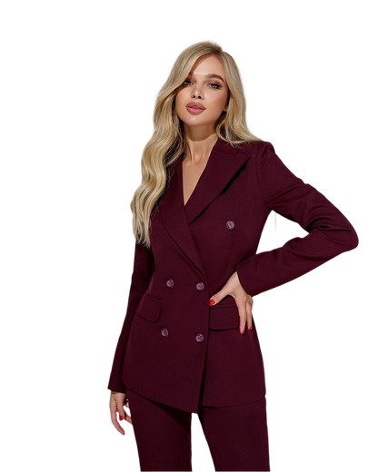 Woman wearing a burgundy suit on a white background