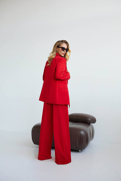 Red Diagonal Crepe Palazzo Suit Women Tailored Blazer Wide Leg Pants