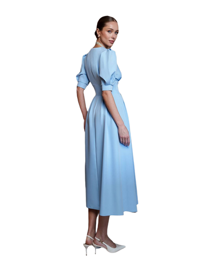 Elegant Women's Light Blue Midi Dress in Premium Crepe Diagonal Fabric