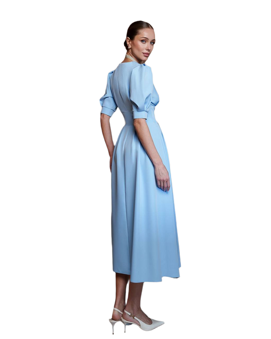 Elegant Women's Light Blue Midi Dress in Premium Crepe Diagonal Fabric