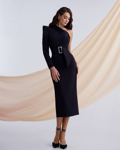 Elegant One-Shoulder Black Midi Dress with Belt