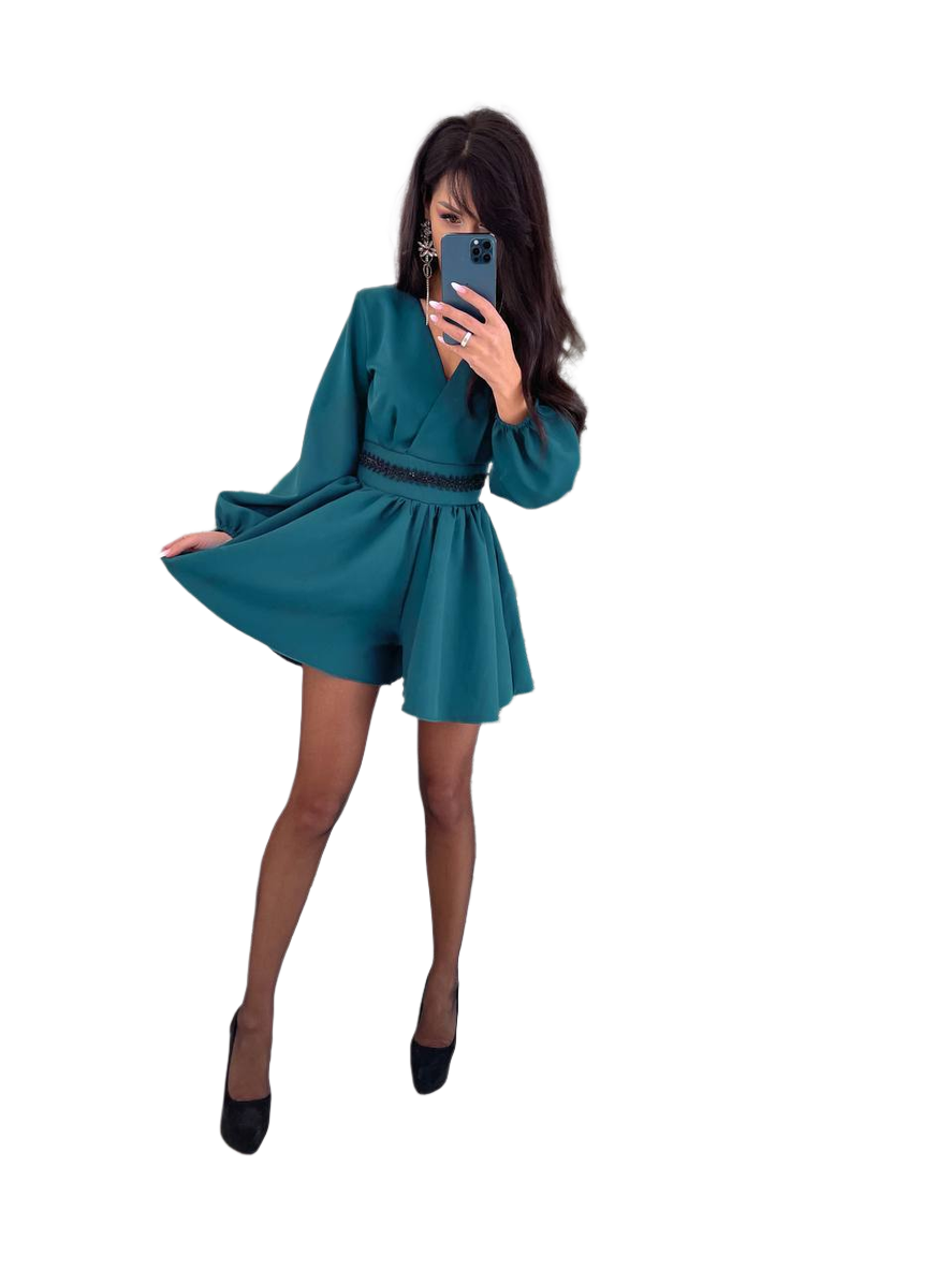 Elegant Women Overall with Decorative Belt in Green and Marsala