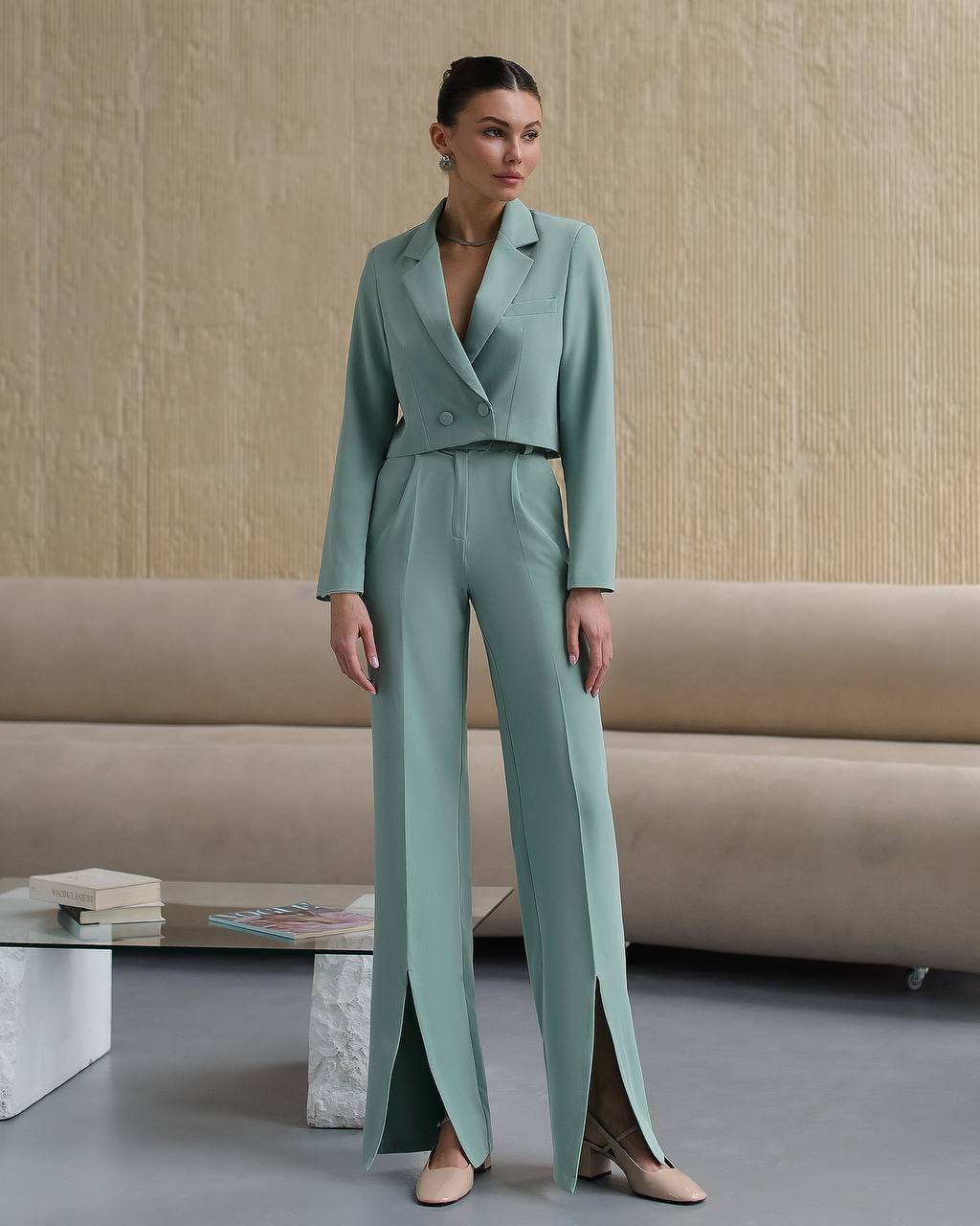 Womens Cropped Jacket Suit With High Waist Slit Trousers