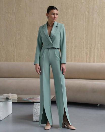 Womens Cropped Jacket Suit With High Waist Slit Trousers