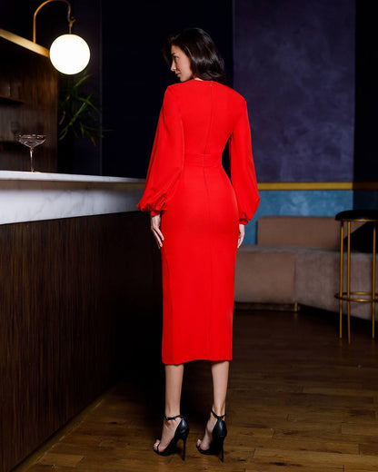 Elegant Red Midi Dress with Square Neck and Balloon Sleeves